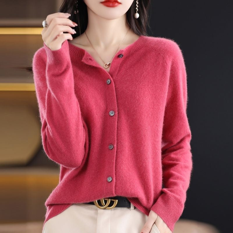 Fashion Merino Wool Cardigan Sweater Women O-Neck Long-sleeve Cashmere Knitwear Spring Autumn Female Clothing Tops